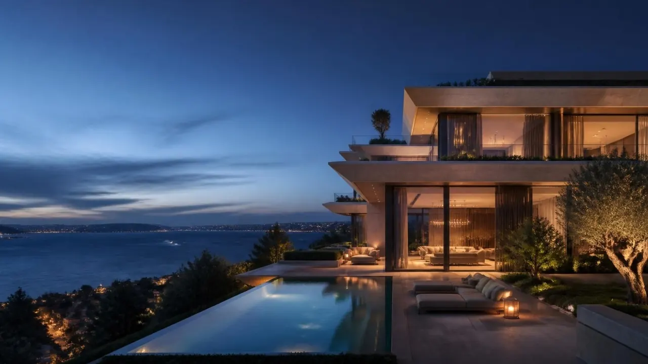 Architectural concept render of a contemporary hillside residence with terraces and a pool at dusk