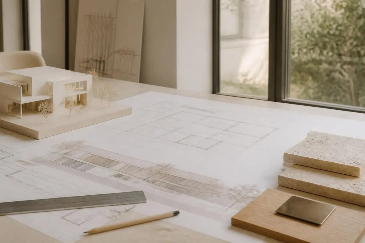 Architectural drawings, a white scale model and material samples on a design studio table