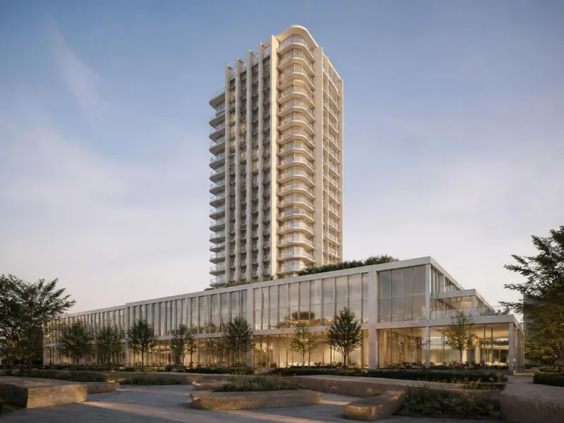 Concept render of a mixed-use tower with a public plaza