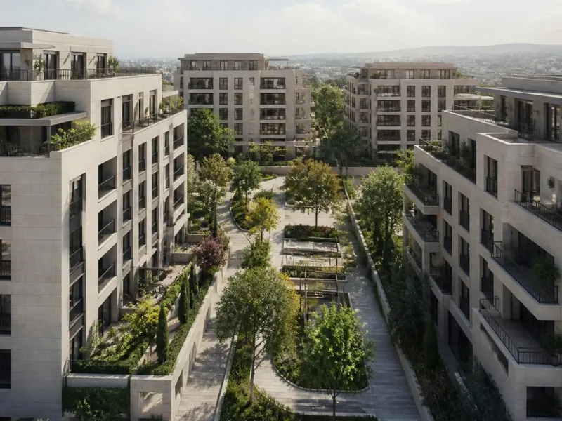 Concept render of residential blocks around a landscaped courtyard