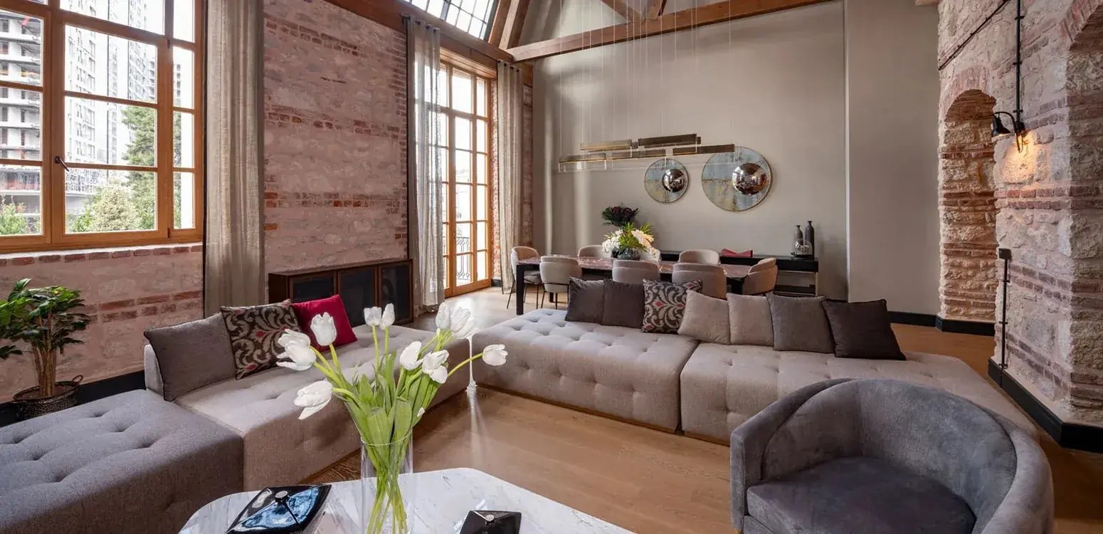 Büyükyalı loft living room inside the restored Fişekhane