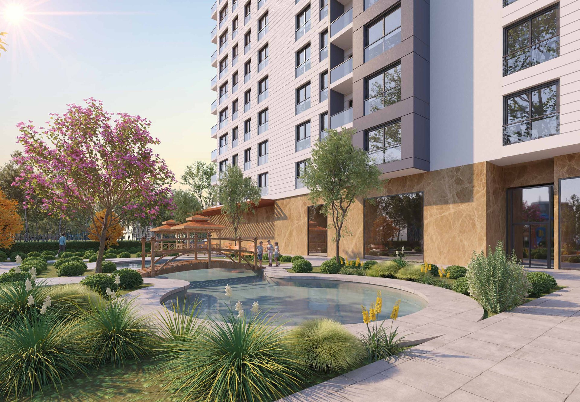 Cadde Ispartakule landscaped garden with pond