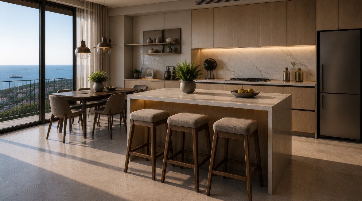 CasaBlu Vadi kitchen and dining area with sea view