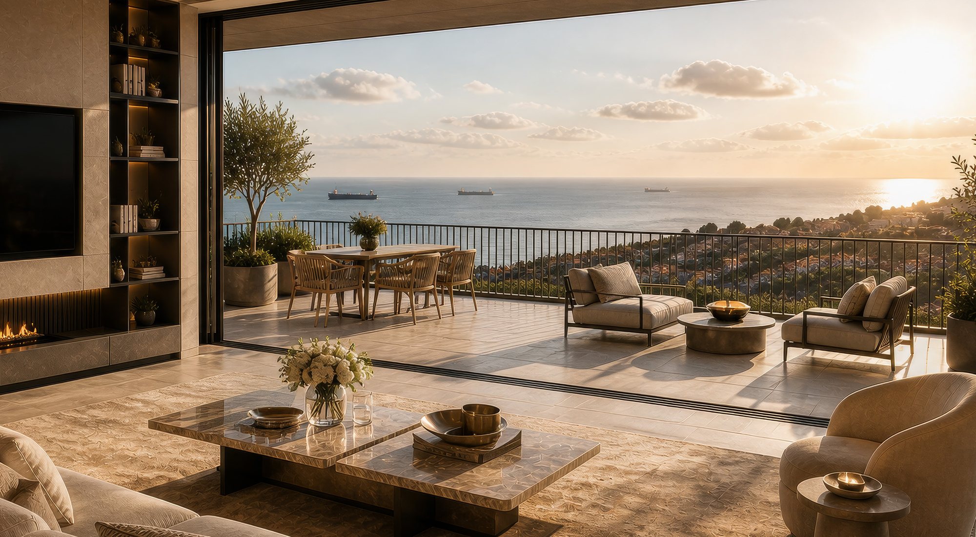 CasaBlu Vadi living room opening onto a sea-view terrace at sunset