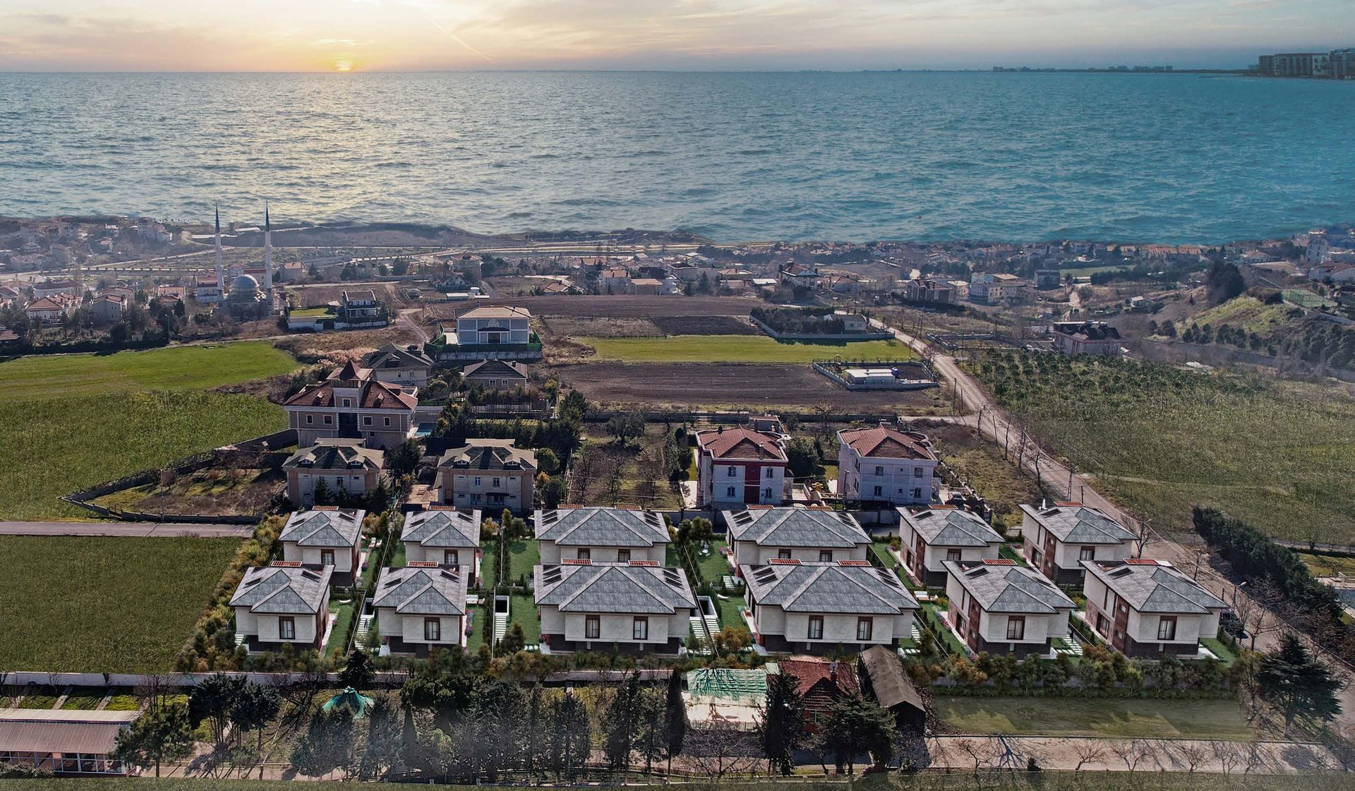 Lotus Manzara Beylikdüzü villas from above with the Marmara Sea