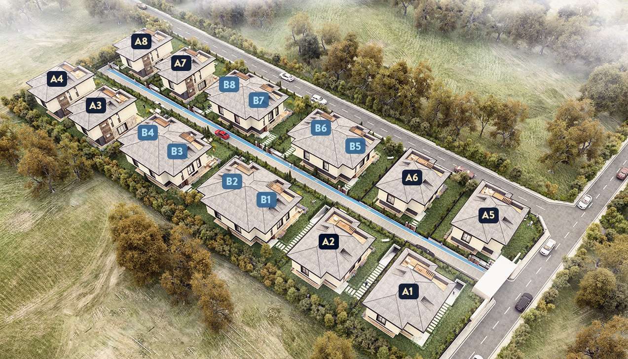 Lotus Manzara Beylikdüzü site plan with villas A1–A8 and B1–B8
