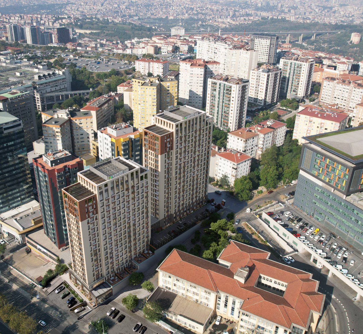 Lotus Şişli in the heart of Şişli, aerial view