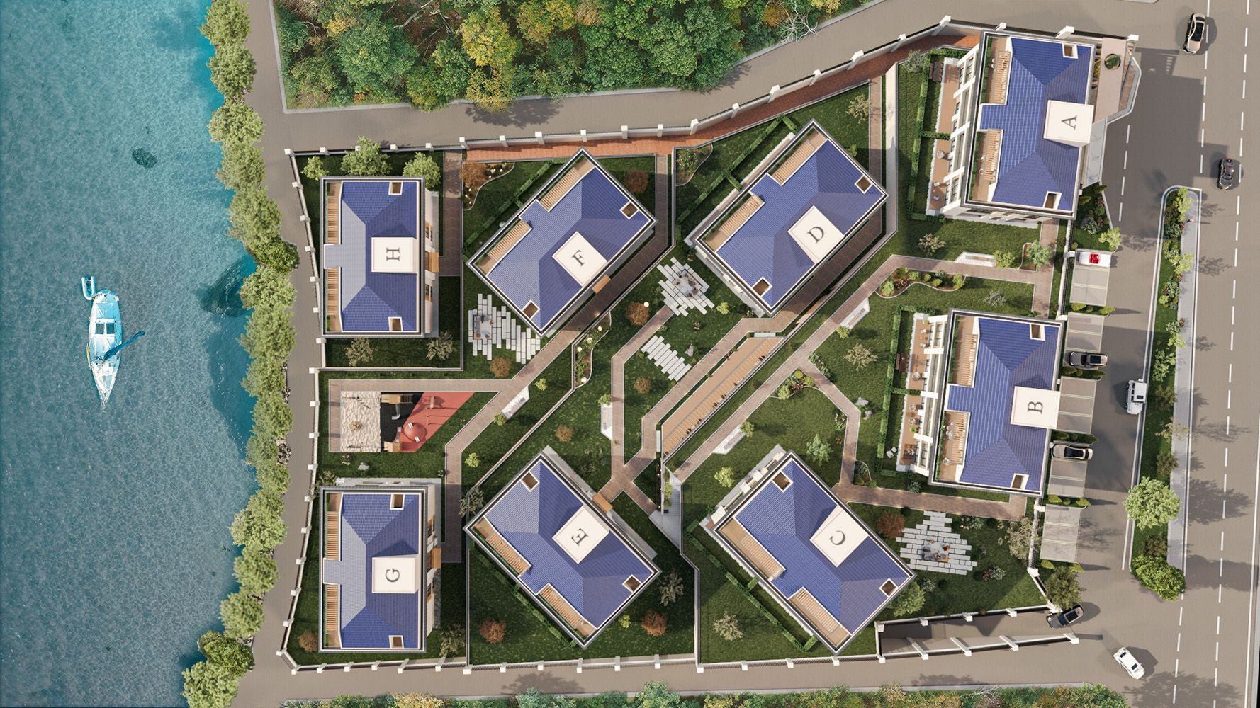 Lotus Yalı site plan with blocks A to H